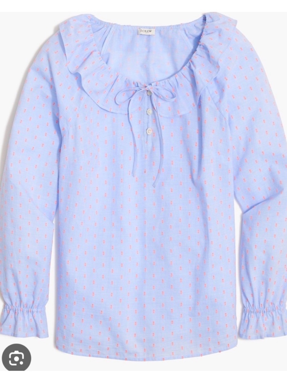 J. Crew Light Blue Ruffled Neck Blouse with Pink Dot Print SZ XXL